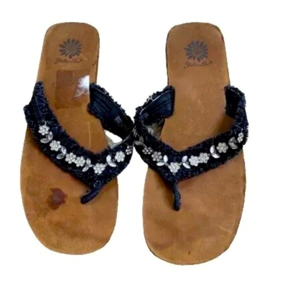 Yellow Box Flip Flops Floral Black Fabric With Rhinestones Coolness Size 8